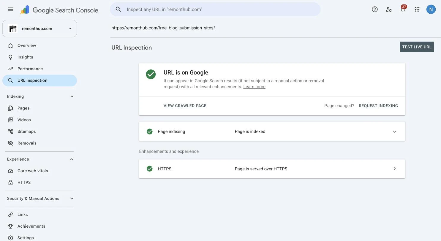 Search Console URL Inspection showing URL is on Google and the page is indexed