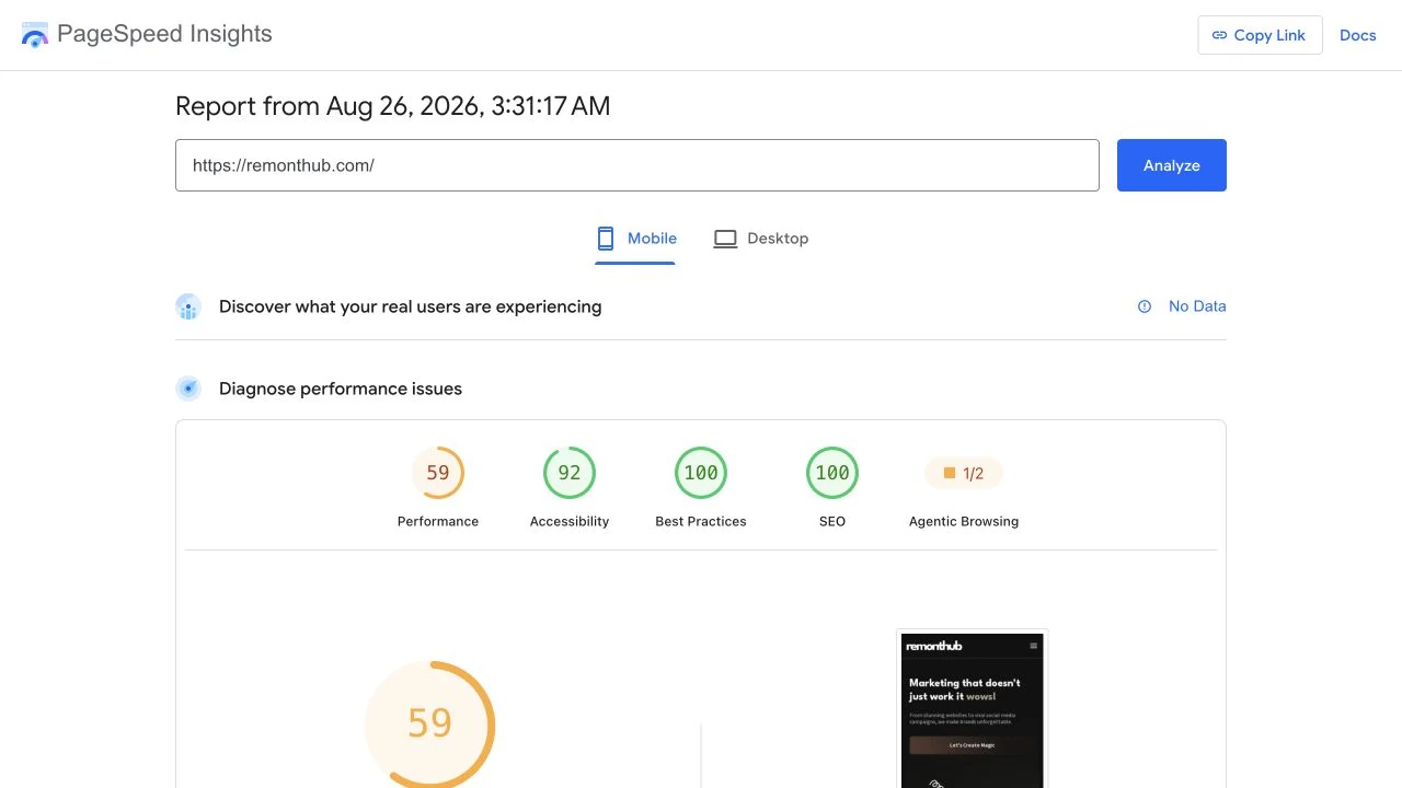 Google PageSpeed Insights mobile Lighthouse report for Remonthub showing accessibility score 92