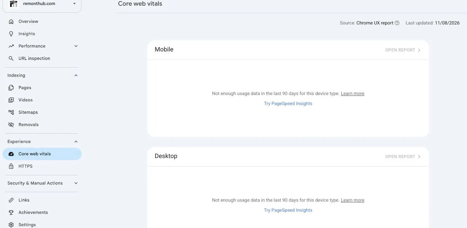 Google Search Console Core Web Vitals report saying there is not enough usage data