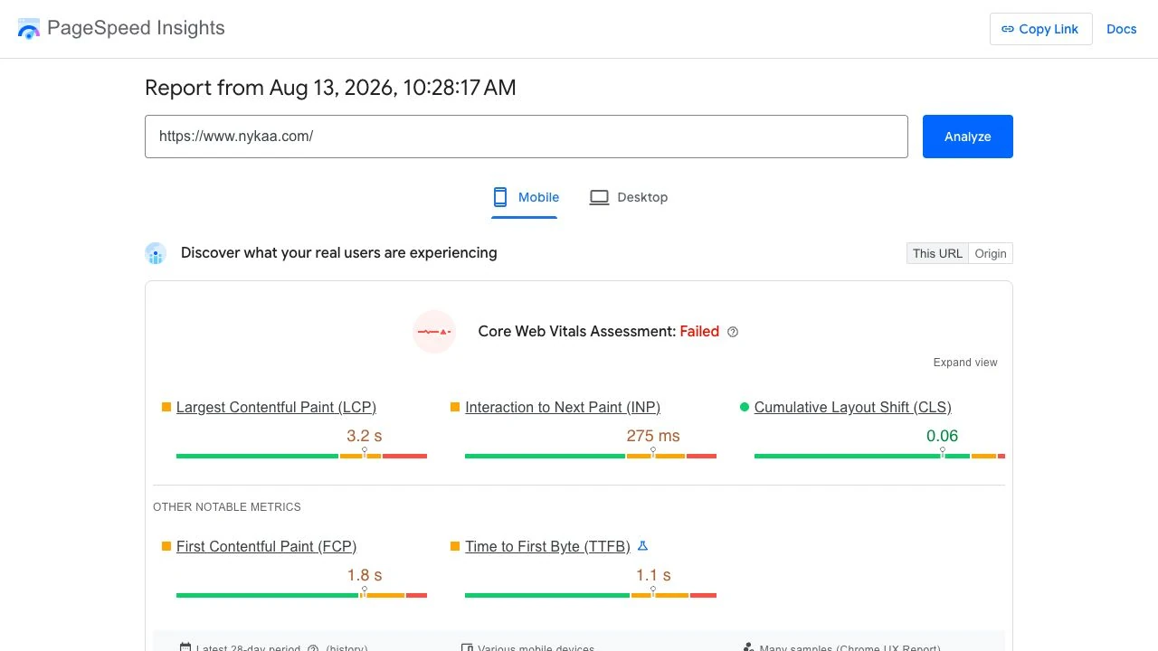 Google PageSpeed Insights mobile Core Web Vitals report for the Nykaa ecommerce homepage