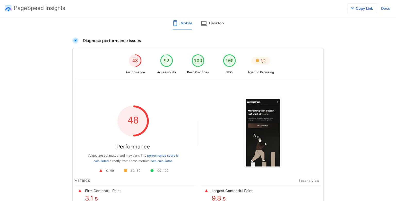 PageSpeed Insights mobile test showing performance score 48 and Largest Contentful Paint 9.8 seconds