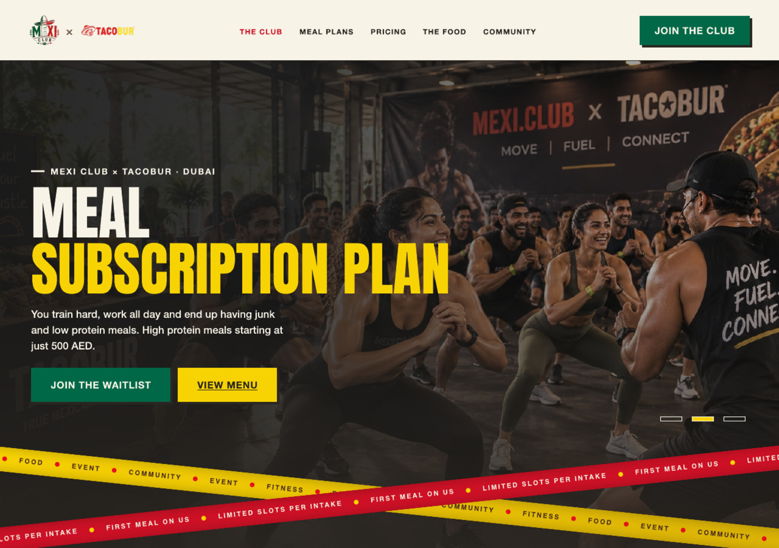 Desktop hero design with Mexi Club training photography, meal-subscription headline and calls to action