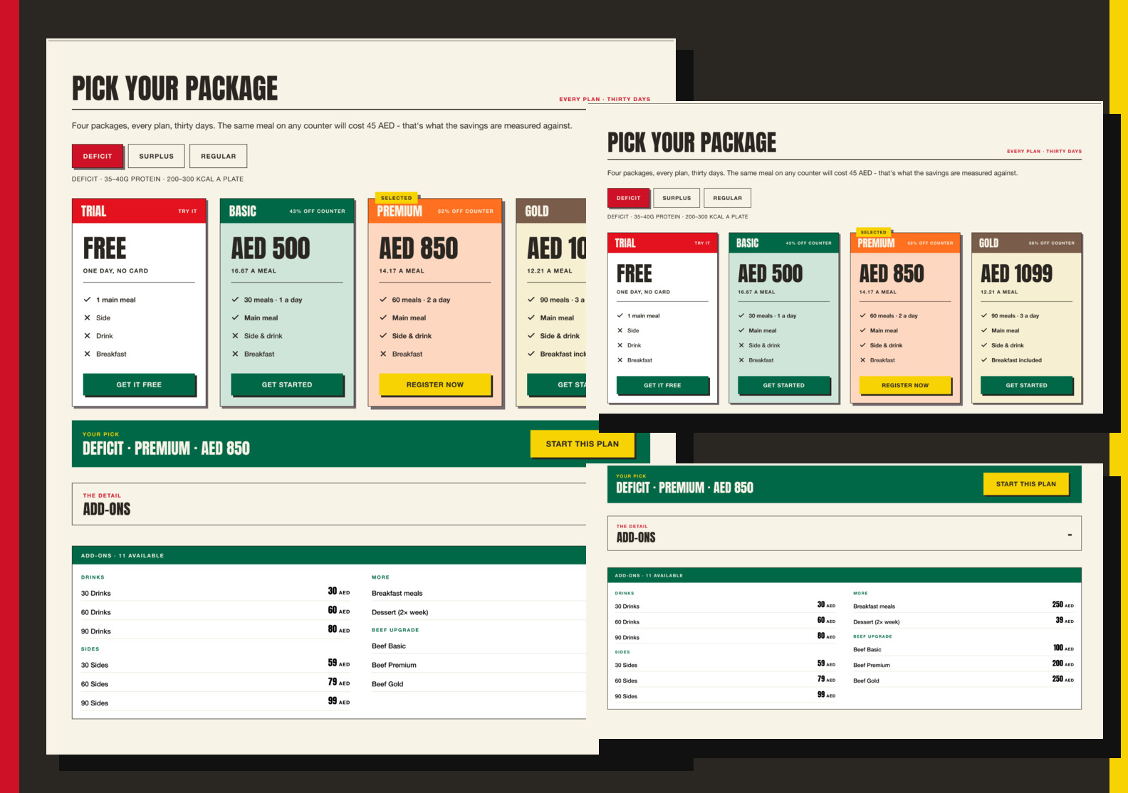 Desktop pricing comparison and add-ons designs for the meal subscription