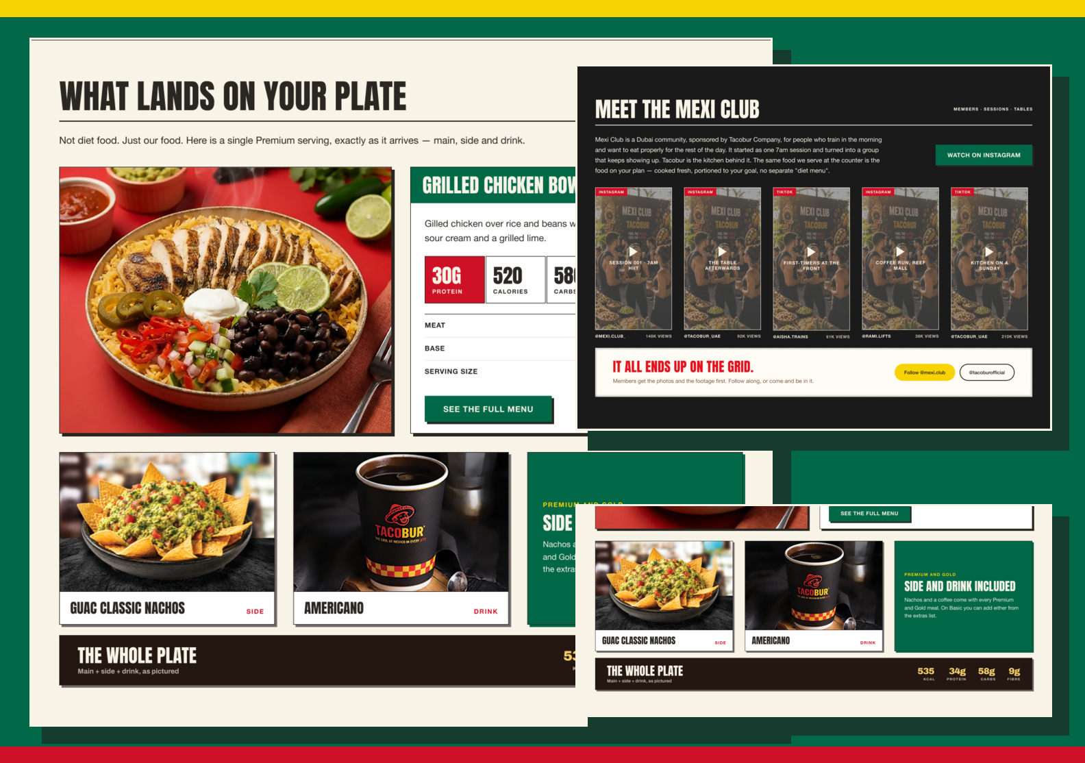 Meal detail and Mexi Club community-story sections shown across desktop layouts
