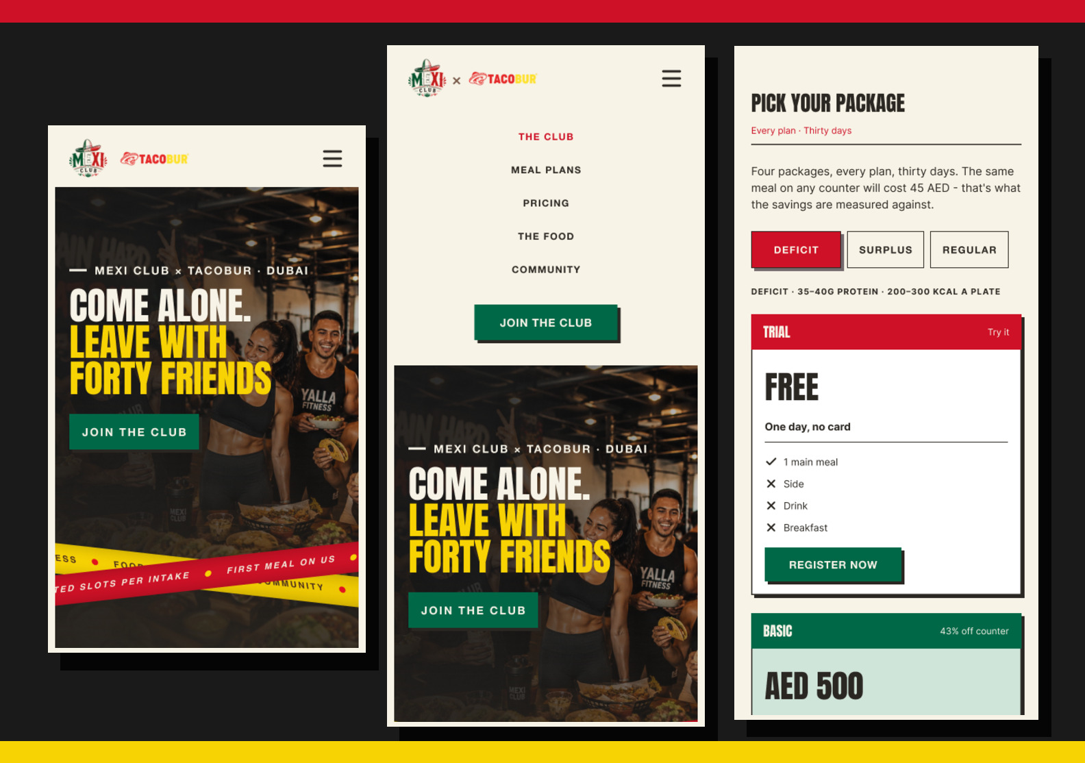 Mobile hero, expanded navigation and pricing views of the responsive website