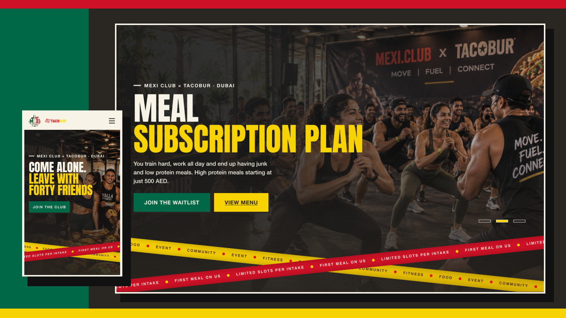Desktop and mobile views of the Mexi Club and Tacobur meal-subscription website